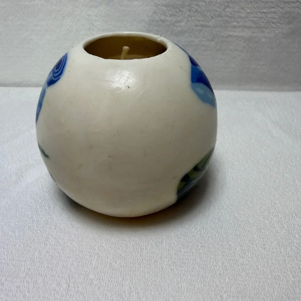 Lifelines Sculpted Candle Round Sphere Blue Floral Rose White Wax Art Decor